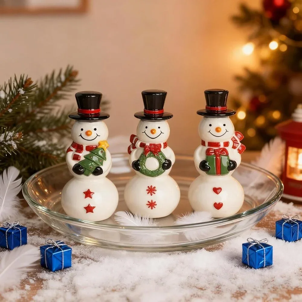 Set Of 3 Ceramic Cute Snowman Ornaments Christmas Decorations For Table